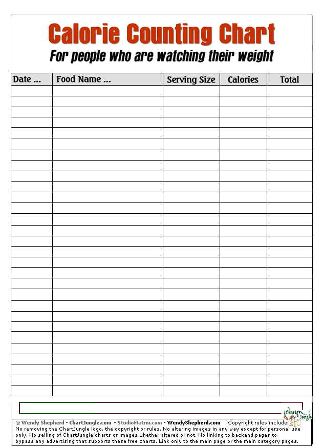 Calorie Counting Chart Printable Free